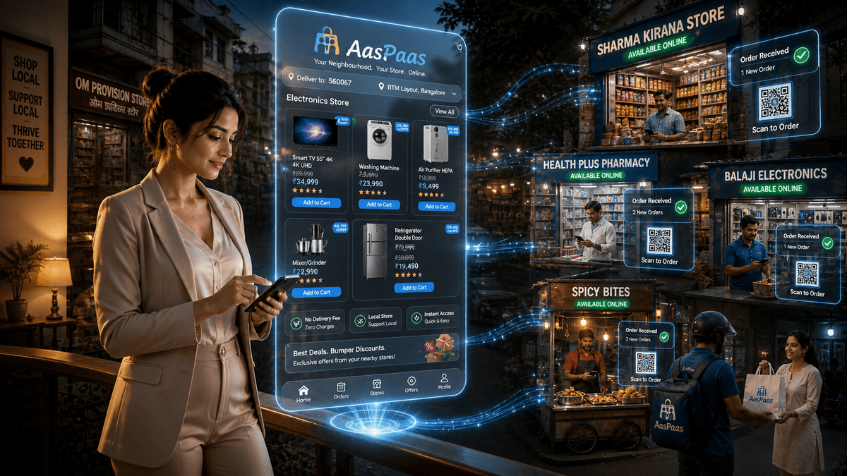 AasPaas hyperlocal e-commerce platform showing local store listings