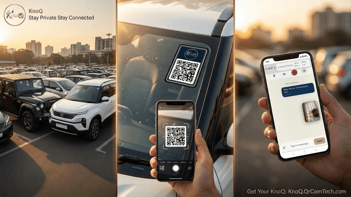 KnoQ privacy-first QR code communication app showing a QR sticker on a car windshield